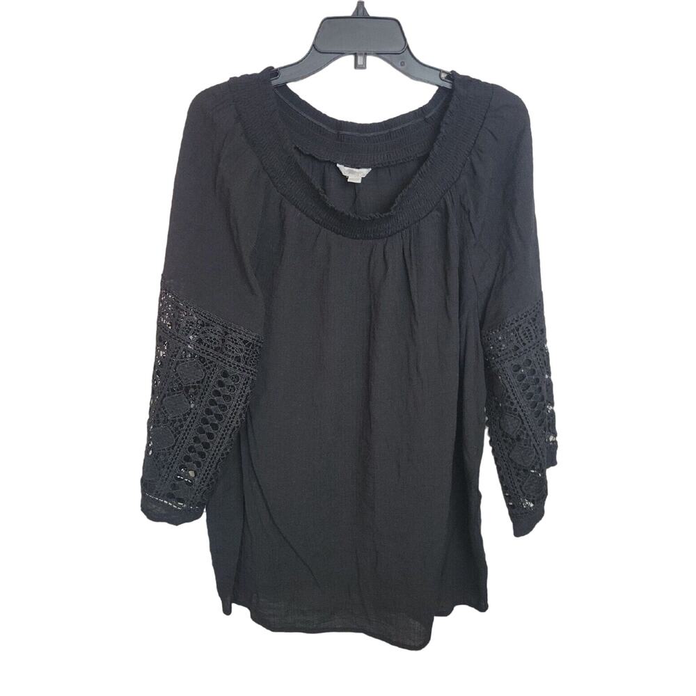 Cato Black Goth Crochet Smocked 3/4 Sleeve Boho Peasant Top Plus Size 18/20W